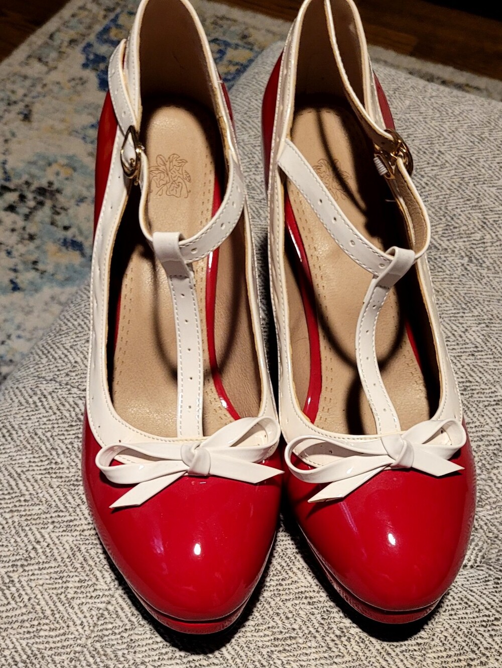 5 For $25 Women's Red and White T-Strap Bow Pumps